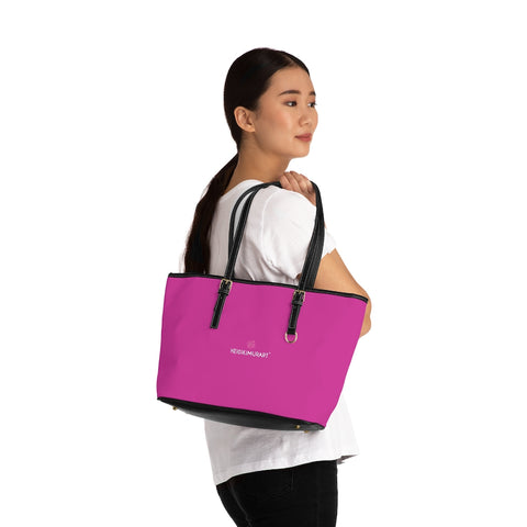 Hot Pink Zipped Tote Bag, Solid Hot Pink Color Modern Essential Designer PU Leather Shoulder Large Spacious Durable Hand Work Bag 17"x11"/ 16"x10" With Gold-Color Zippers & Buckles & Mobile Phone Slots & Inner Pockets, All Day Large Tote Luxury Best Sleek and Sophisticated Cute Work Shoulder Bag For Women With Outside And Inner Zippers
