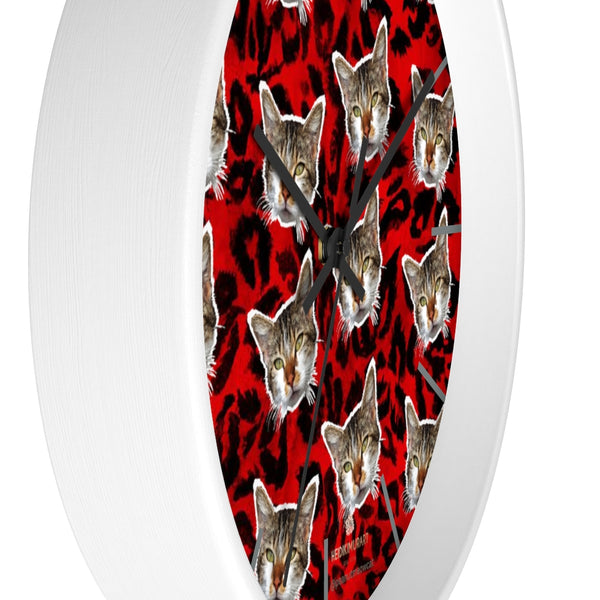Red Leopard Cat Wall Clock, Peanut Meow Cat Print 10" Dia. Large Clocks- Made in USA-Wall Clock-Heidi Kimura Art LLC