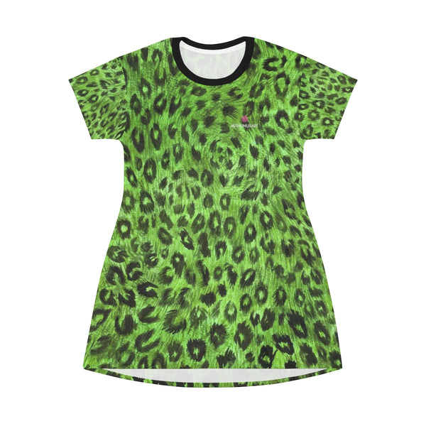 Green Leopard Print T-Shirt Dress, Leopard Animal Print Crewneck Women's Long T-Shirt Dress- Made in USA (US Size:XS-2XL)