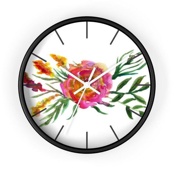 Pink Rose Watercolor Floral Print 10 inch Diameter Flower Wall Clock - Made in USA-Wall Clock-Black-White-Heidi Kimura Art LLC