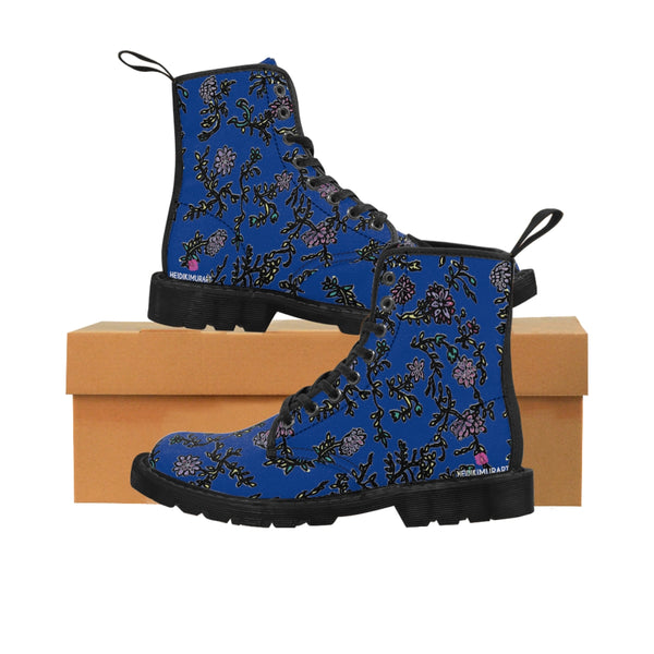 Blue Floral Print Women's Boots, Purple Floral Women's Boots, Flower Print Elegant Feminine Casual Fashion Gifts, Flower Rose Print Shoes For Flower Lovers, Combat Boots, Designer Women's Winter Lace-up Toe Cap Hiking Boots Shoes For Women (US Size 6.5-11) Best Floral Boots, Floral Boots Womens, Vintage Style Floral Boots 