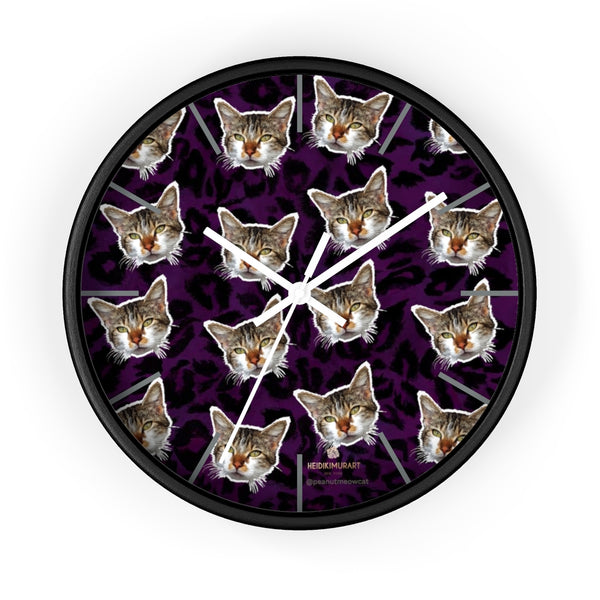 Purple Leopard Print Wall Clock, Peanut Meow Cat Cute Cat Large Clock- Made in USA-Wall Clock-10 in-Black-White-Heidi Kimura Art LLC