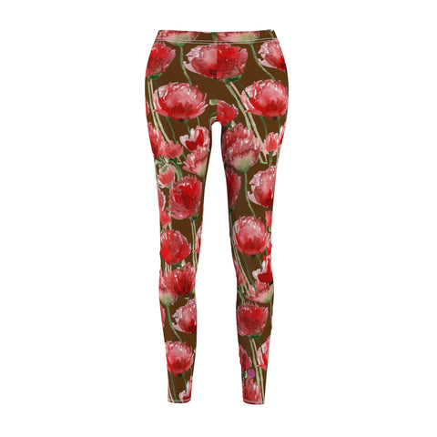 Brown Poppy Floral Casual Tights, Women's Floral Casual Leggings