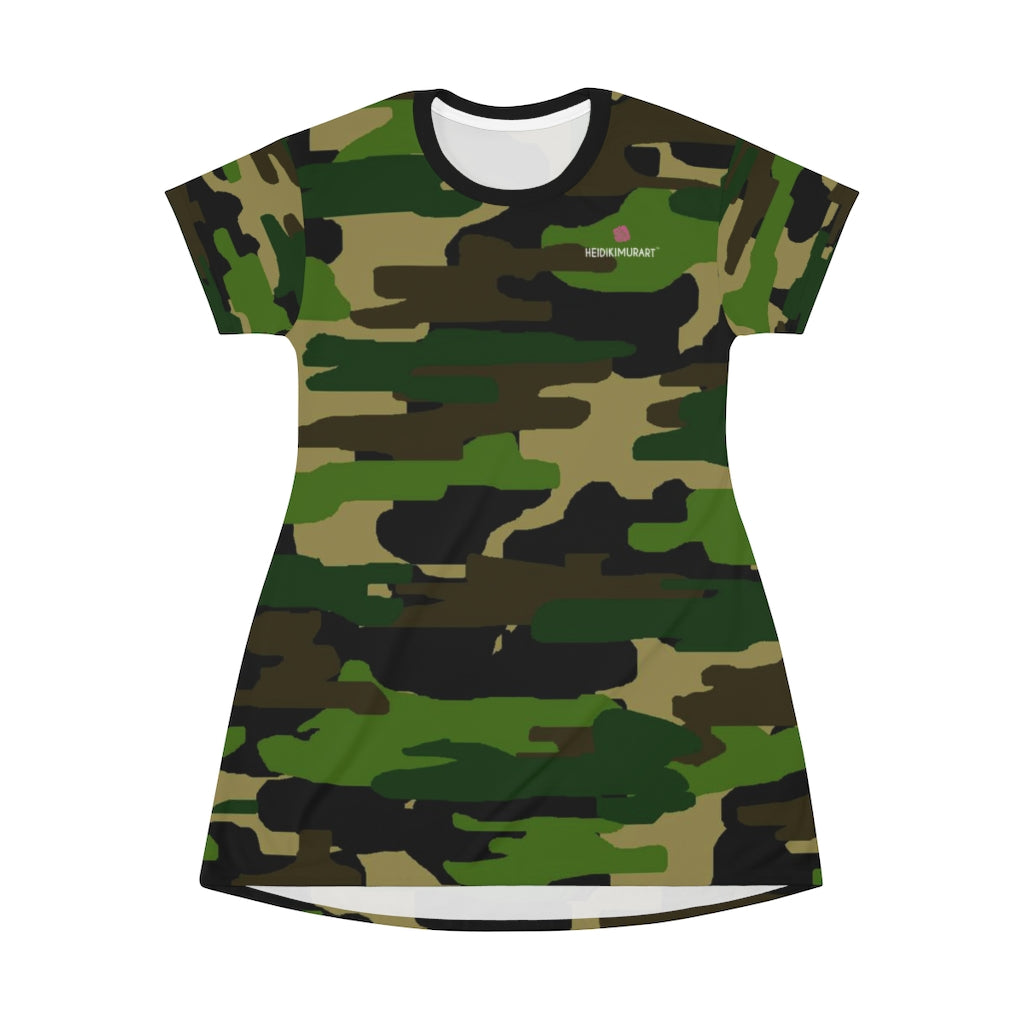 Green Camouflage T-Shirt Dress, Military Army Camo Print Designer Crew Neck Women's Long Tee T-shirt Dress-Made in USA (US Size: XS-2XL)