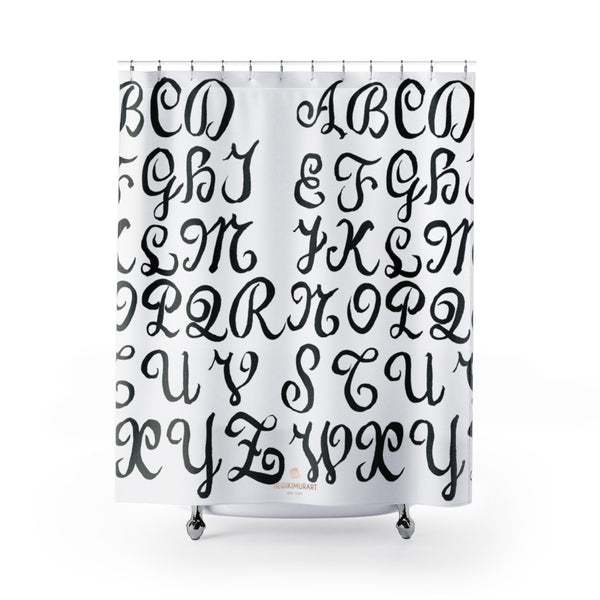 White Alphabet Calligraphy Lettering Black And White Shower Curtains- Printed in USA-Shower Curtain-71" x 74"-Heidi Kimura Art LLC White Alphabet Shower Curtains, White Alphabet Modern Calligraphy Lettering Black White Shower Curtains - Printed in USA, Premium Bathroom Shower Curtains, Home Decor, Large 100% Polyester 71x74 inches Shower Curtains, Calligraphy Artistic Lettering Shower Curtains
