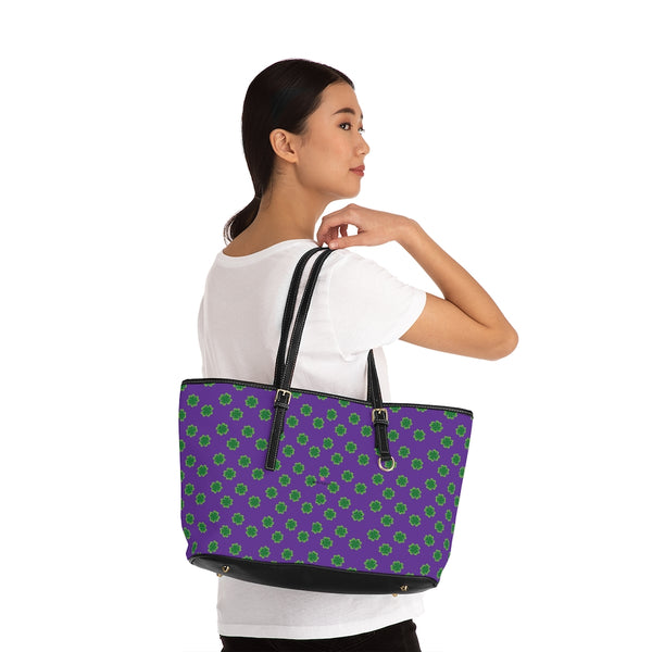 Purple Clovers Tote Bag, PU Leather Shoulder Hand Work Bag