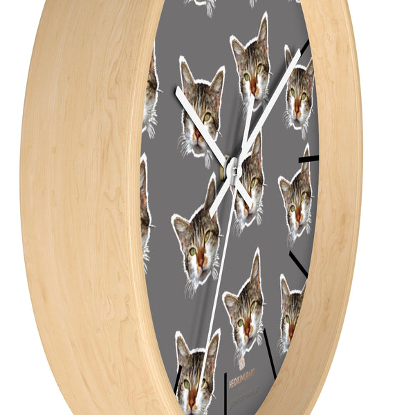 Gray Cat Print Wall Clock, Cute Calico Cat Unique 10" Dia. Indoor Wall Clocks- Made in USA-Wall Clock-Heidi Kimura Art LLC