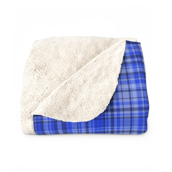 Blue Plaid Tartan Print Designer Cozy Sherpa Fleece Blanket-Made in USA-Blanket-Heidi Kimura Art LLC