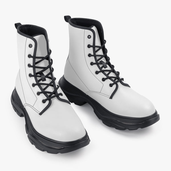 White Solid Color Winter Boots, Unisex Casual Leather Chunky Boots