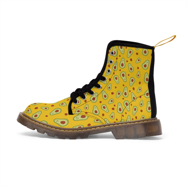 Avocado Women's Canvas Boots, Yellow Winter Laced Up Combat Boots For Vegan Loving Ladies-Women's Boots-Printify-ArtsAdd-Heidi Kimura Art LLC