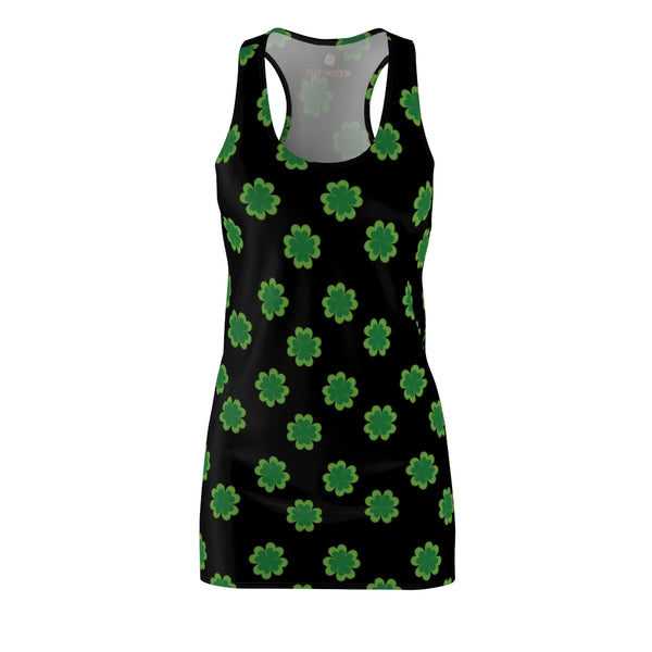 Black Green Clover Dress, Leaf Print St. Patty's Day Women's Racerback Dress-Made in USA-Women's Sleeveless Dress-Heidi Kimura Art LLC