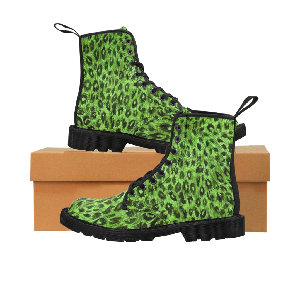 Green Leopard Print Women's Boots, Animal Print Elegant Feminine Casual Fashion Gifts, Combat Boots, Designer Women's Winter Lace-up Toe Cap Hiking Boots Shoes For Women (US Size 6.5-11)