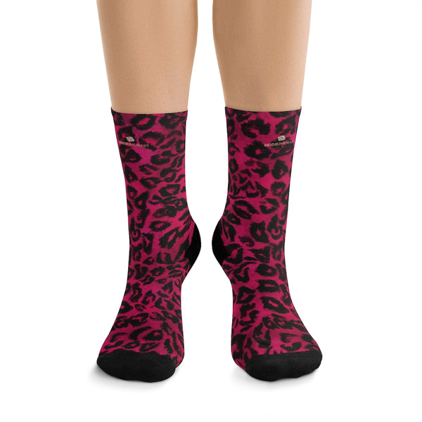 Hot Pink Leopard Animal Print One-Size 200 Needle Premium Crew Knit Socks- Made in USA-All Over Prints-One size-Heidi Kimura Art LLC