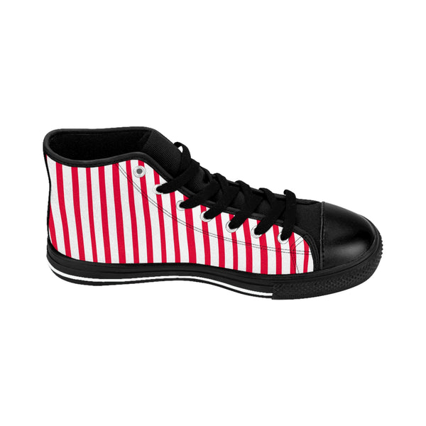 Red Striped Men's High-top Sneakers, Red White Modern Stripes Men's High Tops, High Top Striped Sneakers, Striped Casual Men's High Top For Sale, Fashionable Designer Men's Fashion High Top Sneakers, Tennis Running Shoes (US Size: 6-14)