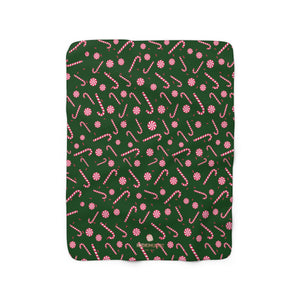 Dark Green White Red Candy Cane Christmas Print Cozy Sherpa Fleece Blanket-Blanket-50'' x 60''-Heidi Kimura Art LLC
