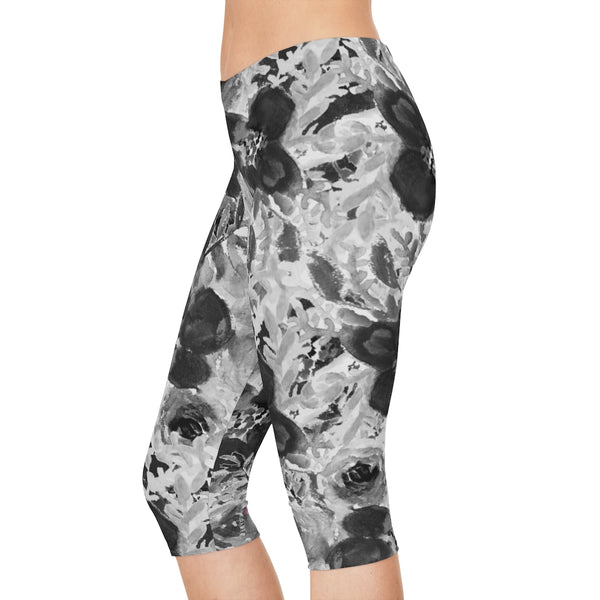 Grey Floral Women's Capri Leggings, Flower Abstract Rose Print American-Made Best Designer Premium Quality Knee-Length Mid-Waist Fit Knee-Length Polyester Capris Tights-Made in USA (US Size: XS-3XL) Plus Size Available
