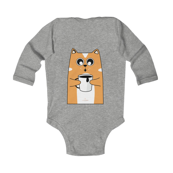 Cute Coffee Cat Print Baby Boy/ Girls Infant Kids Long Sleeve Bodysuit - Made in USA-Infant Long Sleeve Bodysuit-Heidi Kimura Art LLC