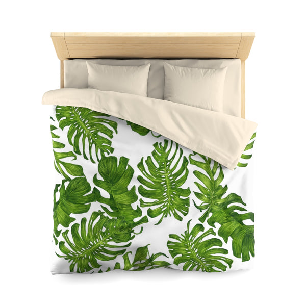 Green Tropical Leaf Print Designer Microfiber Duvet Cover - Made in USA (Twin/ Queen)-Duvet Cover-Queen-Cream-Heidi Kimura Art LLC