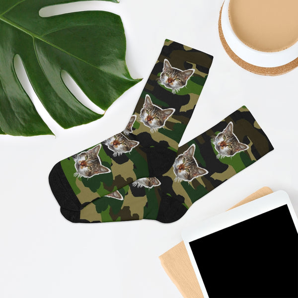 Green Camo Cat Print Socks, Calico Cat Print 1-Size Knit Unisex Luxury Socks- Made in USA-Socks-One size-Heidi Kimura Art LLC