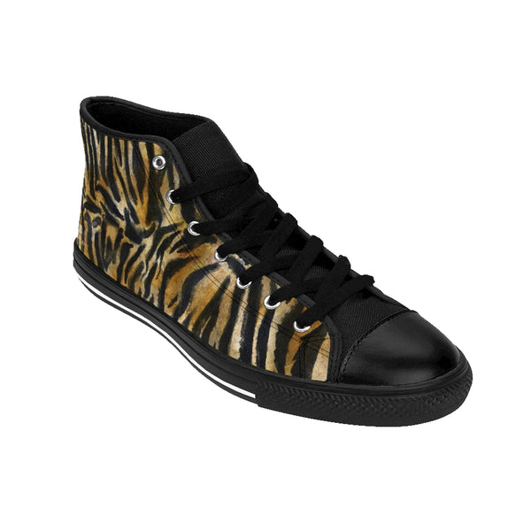 Brown Tiger Men's High-top Sneakers, Animal Striped Print Designer Men's Shoes, Men's High Top Sneakers US Size 6-14, Mens High Top Casual Shoes, Unique Fashion Tennis Shoes, Tiger Print Canvas Sneakers, Mens Modern Footwear, Wildlife Gift Idea, Animal Lover Print Shoes (US Size: 6-14)