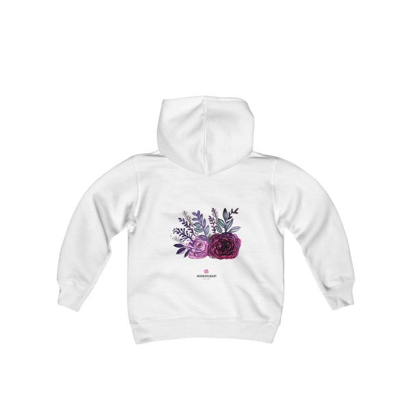Cute Floral Purple Rose Print Girls Kids Heavy Blend Hooded Sweatshirt - Made in USA-Kids clothes-White-S-Heidi Kimura Art LLC