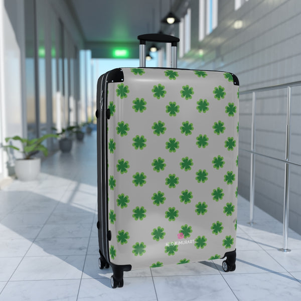Light Grey Clover Print Suitcases, Irish Style St. Patrick's Day Holiday Designer Suitcase Luggage (Small, Medium, Large) Unique Cute Spacious Versatile and Lightweight Carry-On or Checked In Suitcase, Best Personal Superior Designer Adult's Travel Bag Custom Luggage - Gift For Him or Her - Made in USA/ UK
