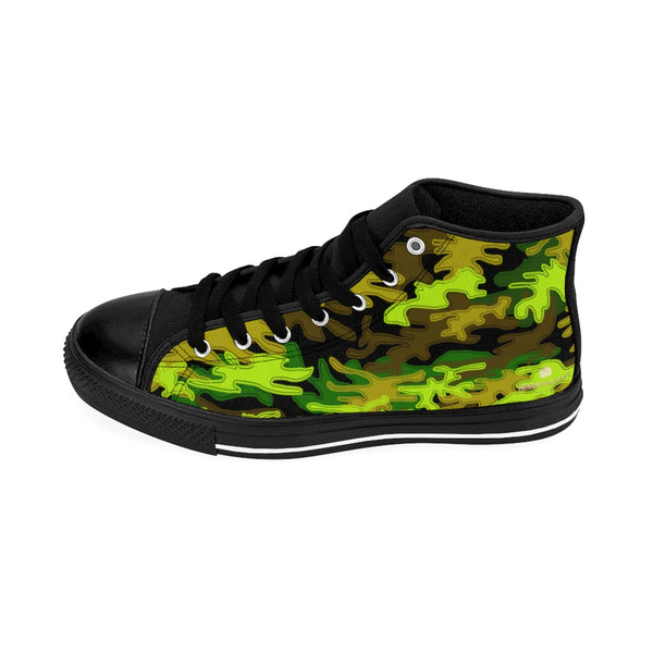 Black Green Men's Camo Sneakers, Camouflage Military Print Men's High-top Sneakers-Men's High Top Sneakers-Heidi Kimura Art LLC