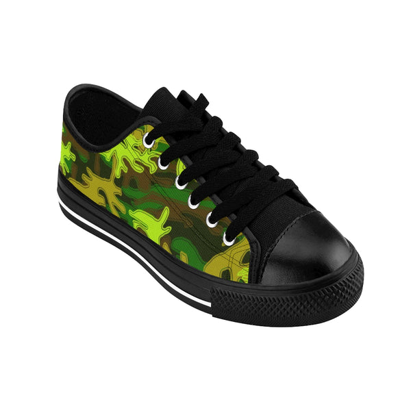 Bright Green Camo Military Army Print Premium Men's Low Top Canvas Sneakers Shoes-Men's Low Top Sneakers-Heidi Kimura Art LLC