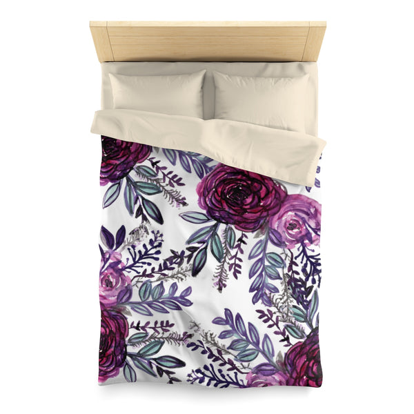 Purple Pink Floral Rose Comfy 100% Polyester Microfiber Duvet Cover- Made in USA-Duvet Cover-Twin-Cream-Heidi Kimura Art LLC