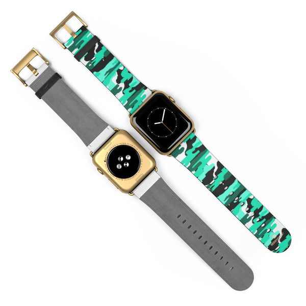 Blue & White Classic Camo Print 38mm/42mm Watch Band For Apple Watch- Made in USA-Watch Band-Heidi Kimura Art LLC Blue Camo Apple Watch Band, Blue & White Classic Camo Camouflage Army Military Print Pattern 38 mm or 42 mm Premium Best Printed Designer Top Quality Faux Leather Comfortable Elegant Fashionable Smart Watch Band Strap, Suitable for Apple Watch Series 1, 2, 3, 4 and 5 Smart Electronic Devices - Made in USA