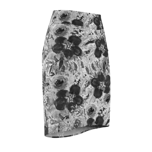 Grey Floral Women's Skirt, Best Gray Flower Print Girlie Premium Quality Designer Women's Pencil Skirt - Made in USA (US Size XS-2XL)