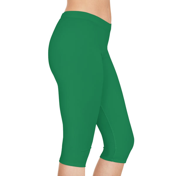 Dark Green Women's Capri Leggings, Modern Essential Solid Color American-Made Best Designer Premium Quality Knee-Length Mid-Waist Fit Knee-Length Polyester Capris Tights-Made in USA (US Size: XS-3XL) Plus Size Available