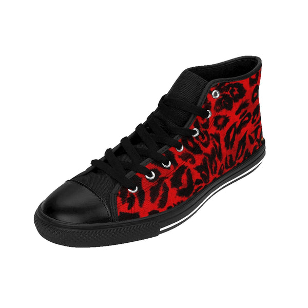 Hot Red Leopard Animal Print Premium Men's High-top Fashion Sneakers Shoes-Men's High Top Sneakers-Heidi Kimura Art LLC