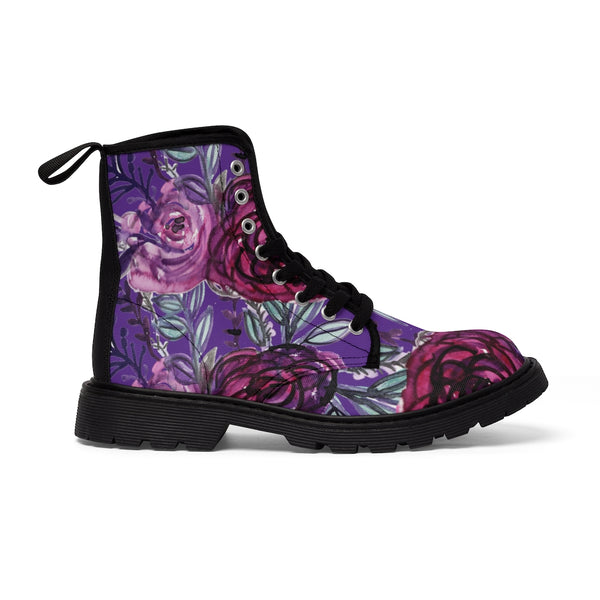 Deep Purple Rose Women's Boots, Flower Rose Print Elegant Feminine Casual Fashion Gifts, Flower Rose Print Shoes For Rose Lovers, Combat Boots, Designer Women's Winter Lace-up Toe Cap Hiking Boots Shoes For Women (US Size 6.5-11)