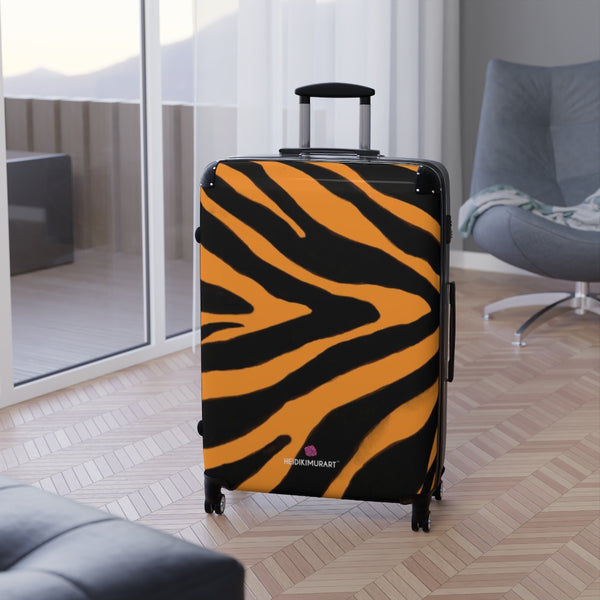 Orange Zebra Print Suitcases, Orange and Black Zebra Striped Animal Print Suitcases, Animal Print Designer Suitcase Luggage (Small, Medium, Large) Unique Cute Spacious Versatile and Lightweight Carry-On or Checked In Suitcase, Best&nbsp;Personal Superior Designer Adult's Travel Bag Custom Luggage - Gift For Him or Her -&nbsp;Printed in USA/ UK