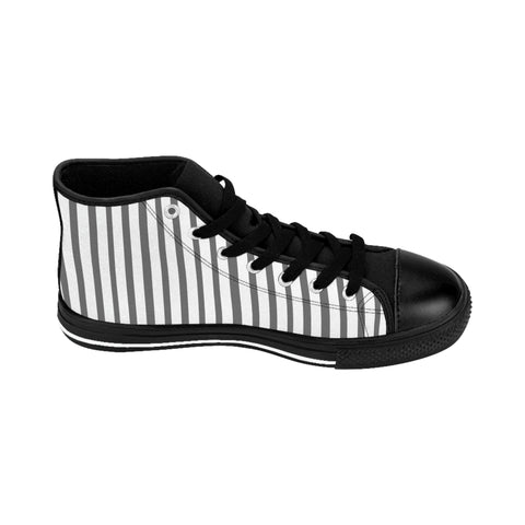 Grey Striped Men's High-top Sneakers, Grey White Modern Stripes Men's High Tops, High Top Striped Sneakers, Striped Casual Men's High Top For Sale, Fashionable Designer Men's Fashion High Top Sneakers, Tennis Running Shoes (US Size: 6-14)