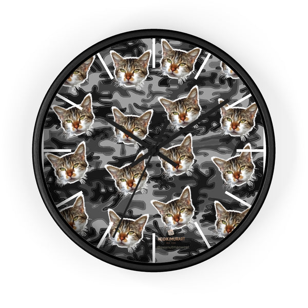 Gray Camo Cat Print Wall Clock, Calico Cat Large 10" dia. Unique Indoor Clocks- Made in USA-Wall Clock-10 in-Black-Black-Heidi Kimura Art LLC