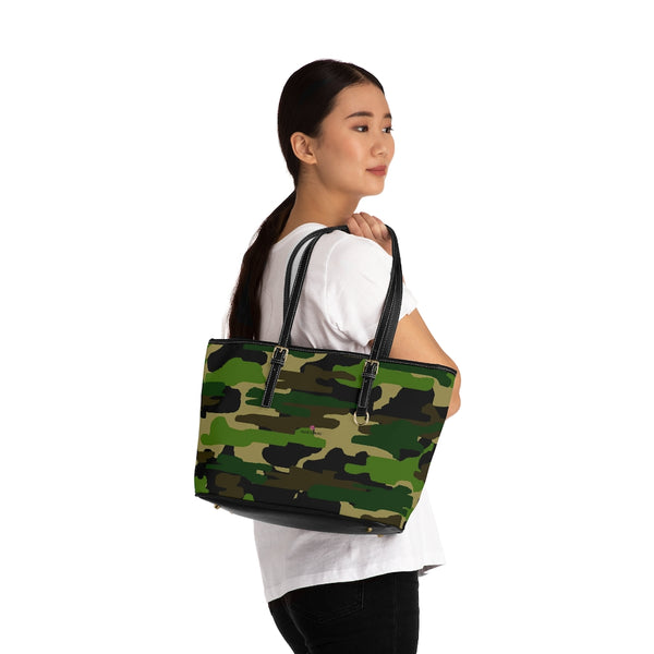 Green Camo Tote Bag, PU Leather Shoulder Hand Work Bag