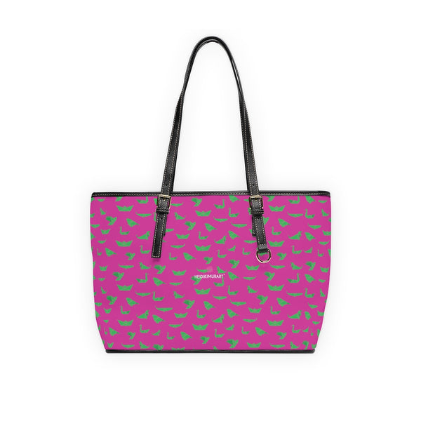 Green Crane Pink Tote Bag, Best Stylish Fashionable Printed PU Leather Shoulder Large Spacious Durable Hand Work Bag 17"x11"/ 16"x10" With Gold-Color Zippers & Buckles & Mobile Phone Slots & Inner Pockets, All Day Large Tote Luxury Best Sleek and Sophisticated Cute Work Shoulder Bag For Women With Outside And Inner Zippers