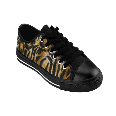 Brown Tiger Striped Ladies Sneakers, Wild Brown Tiger Stripe Animal Skin Print Designer Best Fashion Low Top Canvas Lightweight Premium Quality Women's Sneakers (US Size: 6-12)