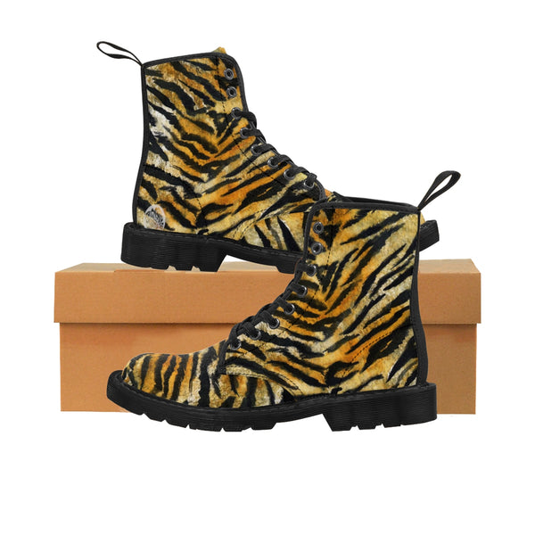 Fierce Wild Tiger Stripe Animal Print Men's Lace-Up Winter Boots Cap Toe Shoes-Men's Winter Boots-Heidi Kimura Art LLC Brown Tiger Striped Men's Boots, Animal Print Lace-Up Winter Boots Cap Toe Shoes