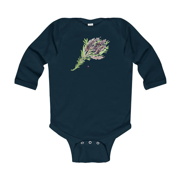 Purple French Lavender Floral Print Infant Long Sleeve Bodysuit - Made in UK-Kids clothes-Navy-12M-Heidi Kimura Art LLC