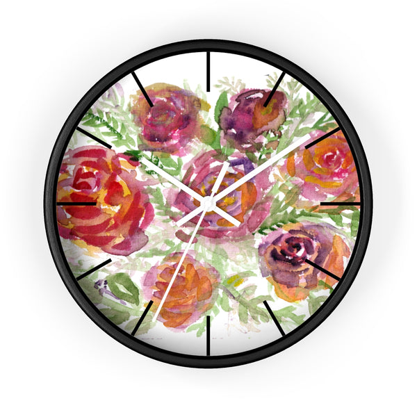 Orange Red Floral Print French Rose 10" Diameter Modern Wall Clock - Made in USA-Wall Clock-Black-White-Heidi Kimura Art LLC