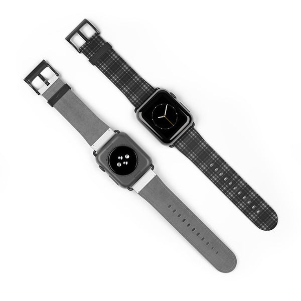 Black Gray Plaid Apple Watch Band, Tartan Print 38mm/42mm Watch Band - Made in USA-Watch Band-Heidi Kimura Art LLC
