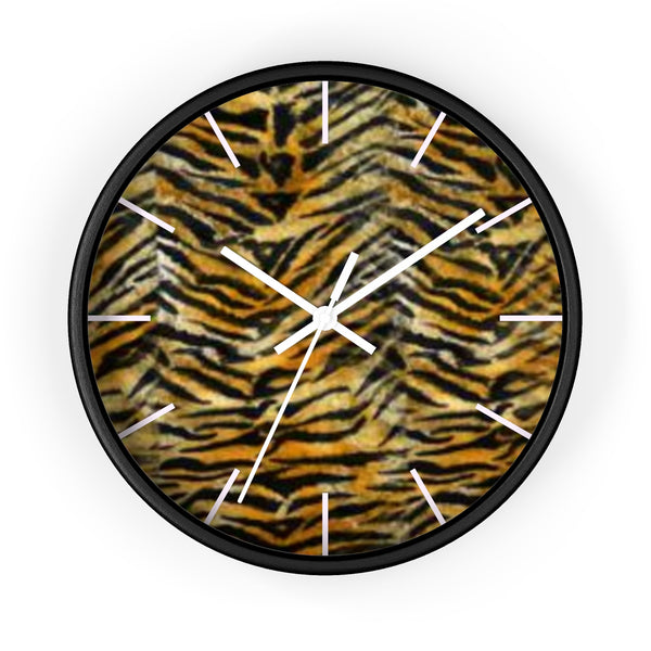 Orange Tiger Striped Wall Clock, Animal Faux Fur Print 10 in. Dia. Wall Clock-Made in USA-Wall Clock-Black-White-Heidi Kimura Art LLC