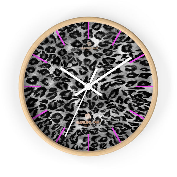 Gray Leopard Print Wall Clock, Animal Print 10 in. Dia. Indoor Wall Clock- Made in USA-Wall Clock-10 in-Wooden-White-Heidi Kimura Art LLC