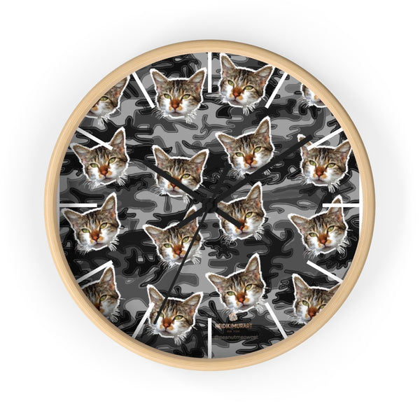 Gray Camo Cat Print Wall Clock, Calico Cat Large 10" dia. Unique Indoor Clocks- Made in USA-Wall Clock-10 in-Wooden-Black-Heidi Kimura Art LLC