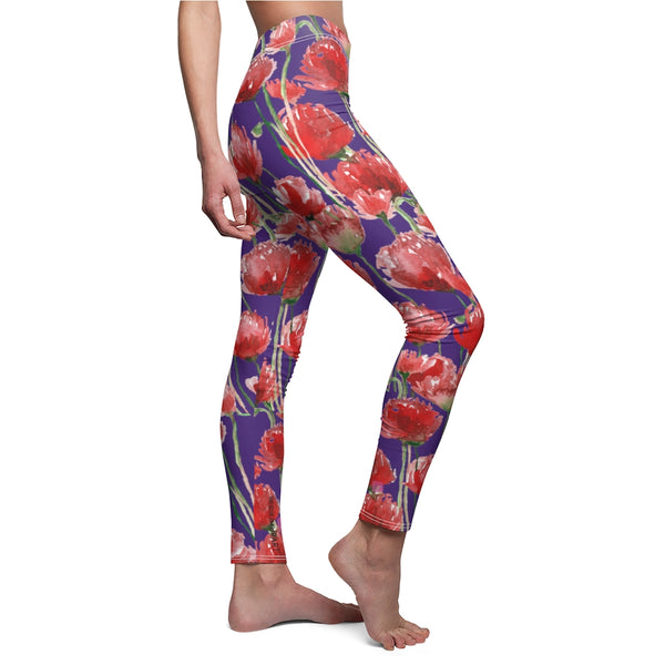 Purple Poppy Floral Casual Tights, Women's Floral Casual Leggings