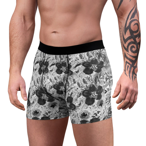 Grey Floral Print Men's Underwear, Designer Boxer Briefs-All Over Prints-Printify-Heidi Kimura Art LLC