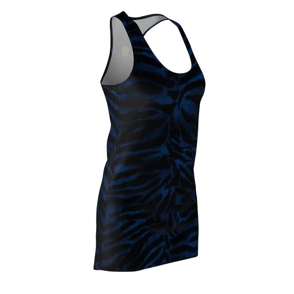 Women's Navy Blue Black Fierce Tiger Stripe Animal Print Sleeveless Dress, Made in USA-Women's Sleeveless Dress-Heidi Kimura Art LLC